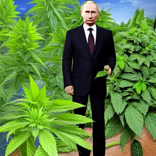 Image similar to Vladimir Putin holding a giant marijuana plant, detailed face, realistic face, photorealistic, highly detailed, cinematic