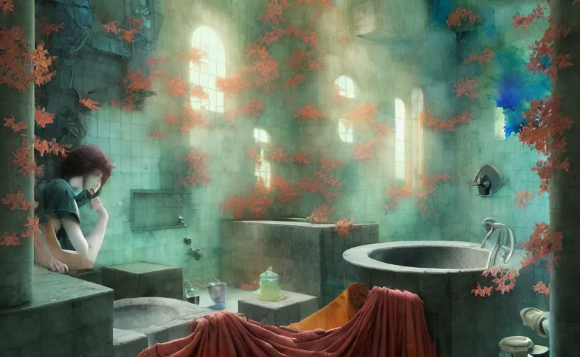 Image similar to bathroom, fantasy. intricate, amazing composition, colorful watercolor, by ruan jia, by maxfield parrish, by marc simonetti, by hikari shimoda, by robert hubert, by zhang kechun, illustration, gloomy