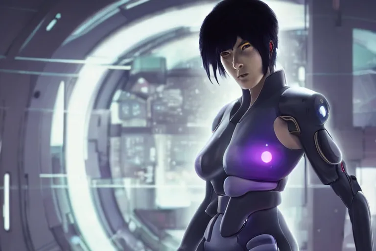 Image similar to cyberpunk ghost in the shell concept inspired motoko kusanagi, futuristic look, highly detailed body, very powerful, photorealistic camera shot, bright studio setting, studio lighting, crisp quality and light reflections, unreal engine 5 quality render