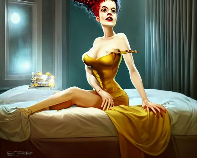 Image similar to phtorealistic modern pin up of the bride of frankenstein posing in a bed in the room of a sanatarium, full body, campy color scheme, realistic, center, smooth, golden ratio, detailed, aly fell, daniela uhlig