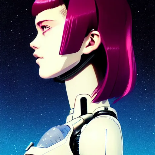 Image similar to side portrait scifi cyborg girl with robotic parts and spacesuit | | head only in center of image, audrey plaza, fine detail!! anime!! realistic shaded lighting!! poster by ilya kuvshinov katsuhiro otomo ghost - in - the - shell, magali villeneuve, artgerm, jeremy lipkin and michael garmash and rob rey