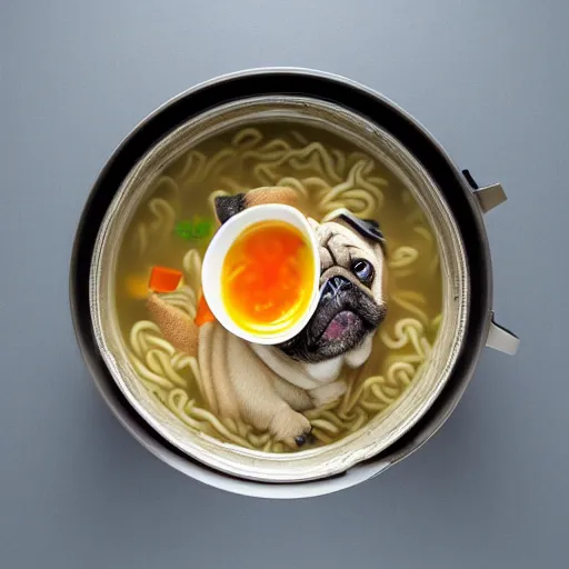 Image similar to An adorable pug sitting in a pot of ramen noodle soup atop a stove, high resolution photograph