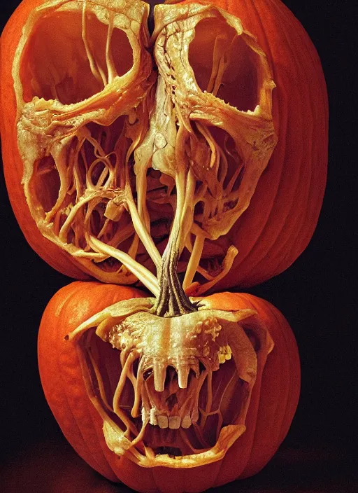 Image similar to portrait of a pumpkin with translucent skin, visible muscles and veins and arteries and bones and spines and nerves, beautiful detailed intricate insanely detailed octane render, 8 k artistic photography, photorealistic, chiaroscuro, by david cronenberg, raphael, caravaggio