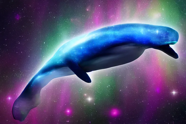 Prompt: a cosmic bioluminescent whale jumping through a space nebula leaving stardust trails behind, digital art, photorealistic