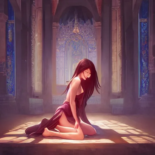 Image similar to Art station concept of a beautiful girl kneeling in front of a religious shrine, Hypnosis, Trance, symmetrical face, smooth body features, by Stanley Artgerm Lau, WLOP, Rossdraws, James Jean, Andrei Riabovitchev, Marc Simonetti, and Sakimichan, trending on artstation