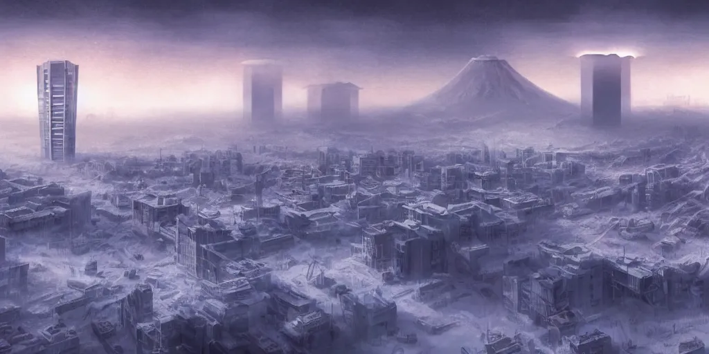 Image similar to nuclear winter, tokyo city, near future, fantasy, sci - fi, hyper realistic, serene, morning.