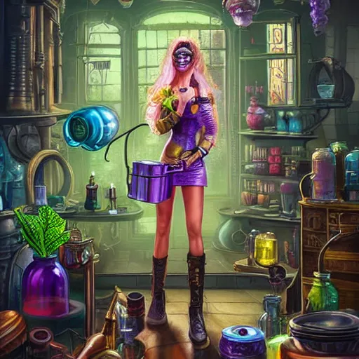 Image similar to a beautiful stunning interesting photorealistic digital illustration of a woman wearing steampunk safety goggles while mixing potions, in a potion shoppe, colorful bottles and plants, awesome and moody afrofuturism by marc poole and tyler edlin