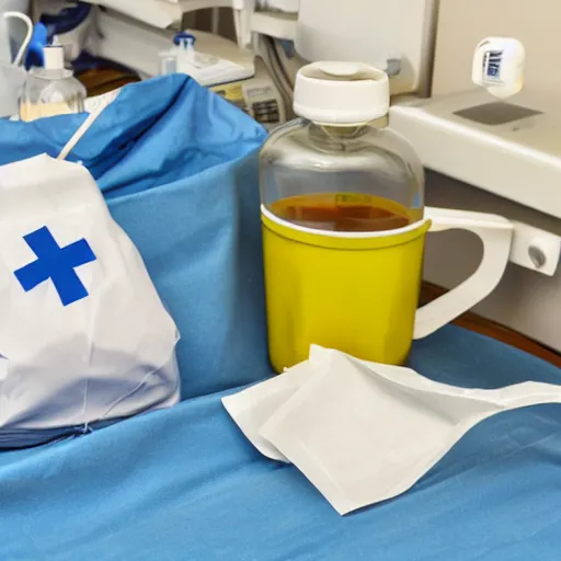 Prompt: hospital room with intravenous gravy bag