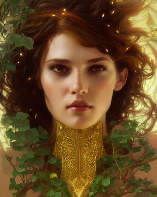 Prompt: dryad, perfect face, gold waistcoat, cinematic, stunning, highly detailed, digital painting, artstation, smooth, hard focus, illustration, art by artgerm and greg rutkowski and alphonse mucha