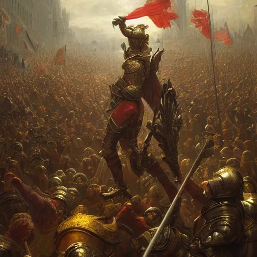 Image similar to artstation concept of a man in armor standing in a crowd gettig cheered, man with arms wide open, bright colorful, gold, hyperdetailed, artstation trending, world renowned artists, worth 1 0 0 0. com, historic artworks society, antique renewel, cgsociety, by greg rutkowski, by gustave dore, deviantart