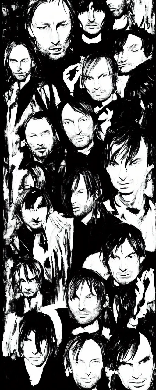 Image similar to disco diffusion portrait of Thom Yorke, Jonny Greenwood, Ed O'Brien, Colin Greenwood, Philip Selway, hiding in the bushes looking shifty