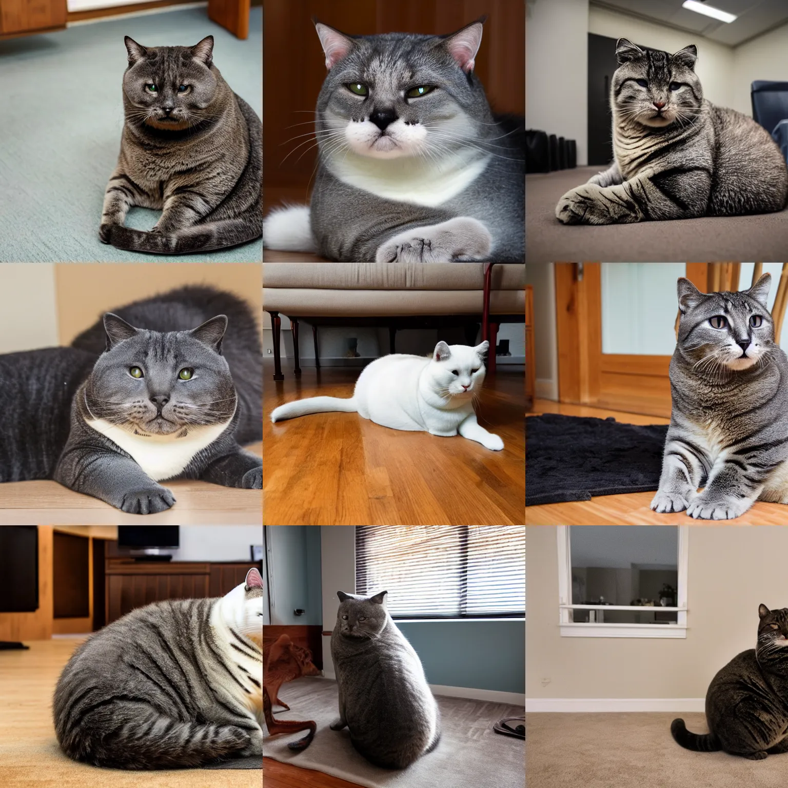 Prompt: full body view of a huge Chonker Cat sitting indoors, oh lawd he coming, professional photo, beautiful cat feet, ((((((((((((seal like figure)))))))))))), XF IQ4, 150MP, 50mm, F1.4, ISO 200, 1/160s, natural light