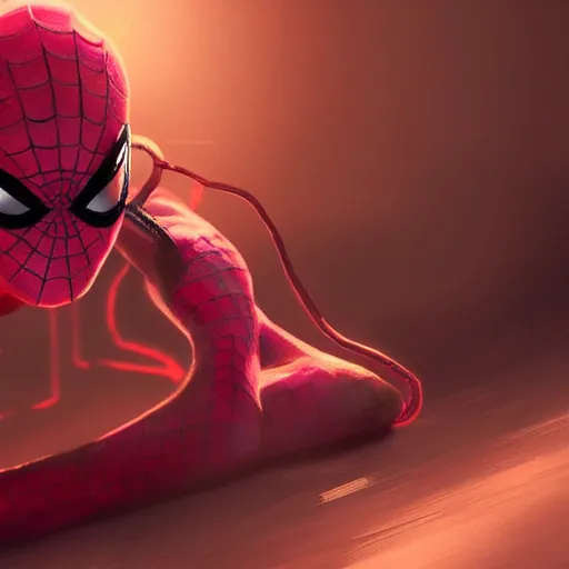 Image similar to concept render of an orange and red and purple and pink baby spiderman by cedric peyravernay and leon tukker