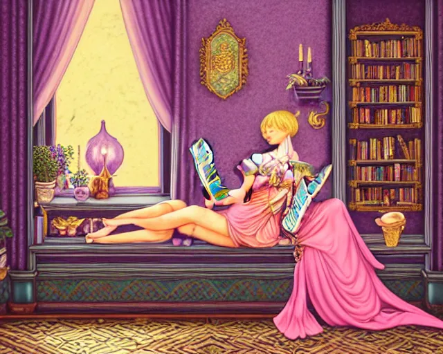 Prompt: a detailed fantasy pastel of a woman wizard in ornate clothing lounging on a purpur pillow on the marble floor in front of her bookcase in a room, reading an ancient tome. to the side is a potted plant, moody light. ancient retrofuturistic setting. 4 k key art. raytracing, perspective, by chie yoshii and casey weldon