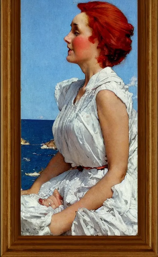 Prompt: portrait of a lady! with red hair! by norman rockwell!! mediterranean sea in the background!! beautiful!