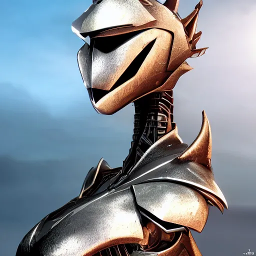 Image similar to epic bust shot, realistic detailed stunning armored anthropomorphic robot female dragon, doing an elegant pose, looking to the side, sleek streamlined armor and design, sharp claws, sleek well designed head with LED eyes, standing on two legs, on the beach during sunset, high quality, cinematic art, sunset lighting, artstation, deviantart, furaffinity