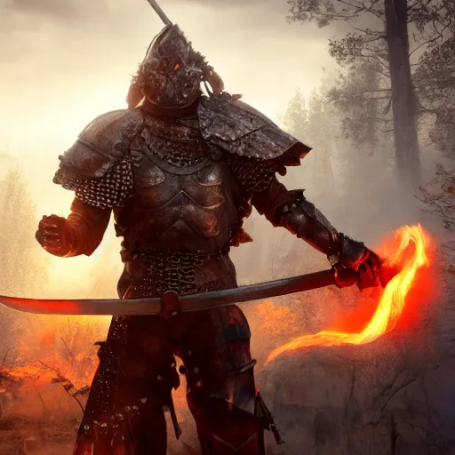 Prompt: photo brutal nordic Warrior, wearing intricate steel armor, holding magical fiery battle-axe, sharp focus, magical aura, heroic pose, fantasy style, octane render, volumetric lighting, 8k high definition, by greg rutkowski, highly detailed, trending on ArtStation, magical Battlefield background, centered