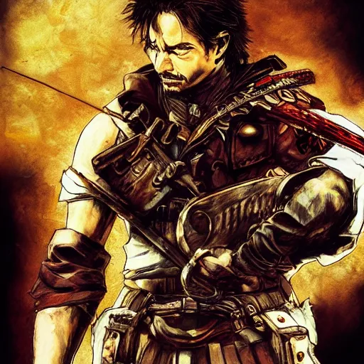 Image similar to portrait of a hero holding his sword in front of his face by yoji shinkawa, high quality, extra details, realism, american, brown eyes, hispanic, ornate, colored, golden chain, blood