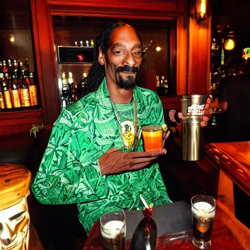 Image similar to snoop dogg at trader vic's bar holding a tiki mug with his face on it