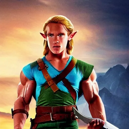 Image similar to cinema poster of a young arnold schwarzenegger holding a sword playing link in the new zelda movie