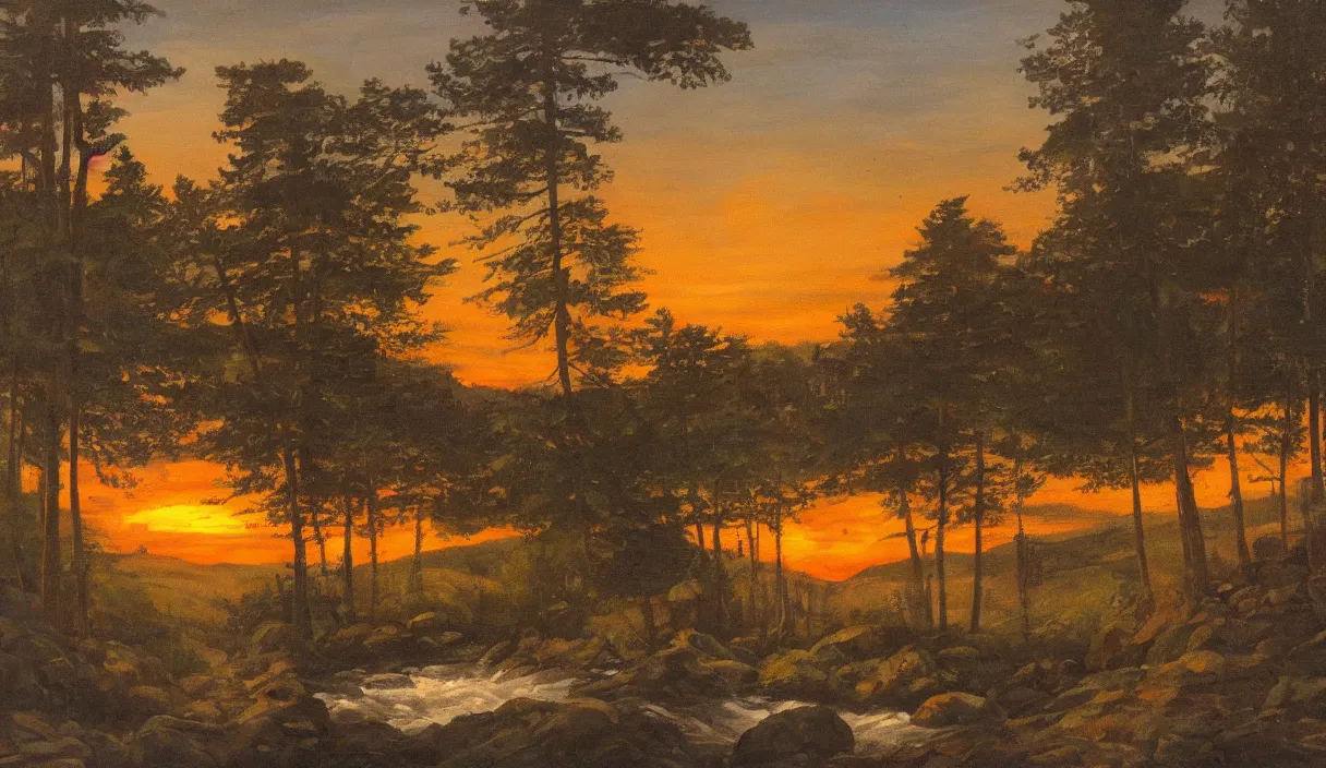 Prompt: a painting of a sunset with a forest on the left, a crystalline stream in the center with rocks and a wood cabin on the right