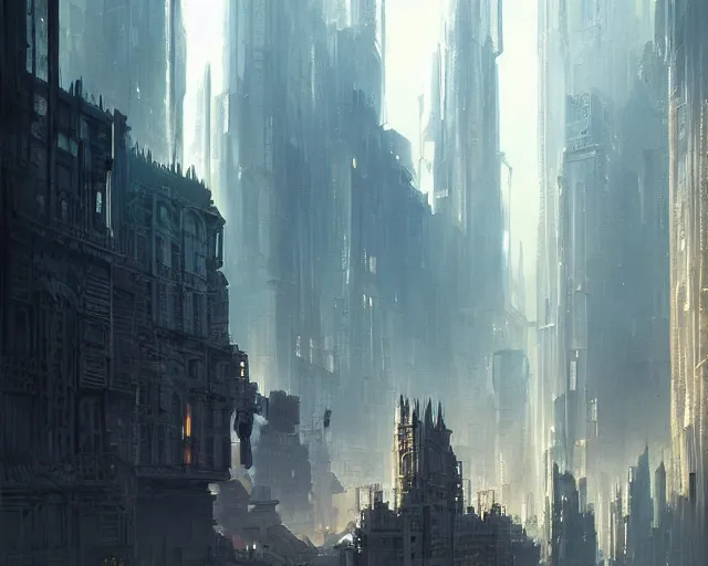 Prompt: great 5-dimensional city, a sci-fi digital painting by Greg Rutkowski and James Gurney, trending on Artstation, eerily beautiful, highly detailed