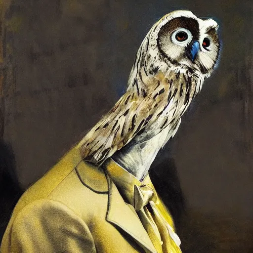 Image similar to shredded physique feathered tall neck beak Portrait of Henry James camouflaged as Owl whilst wearing a yellow tuxedo Standing atop a Garbage Truck Greg Rutkowski Vik Muniz clarence holbrook carter Andrew Wyeth Dan Witz