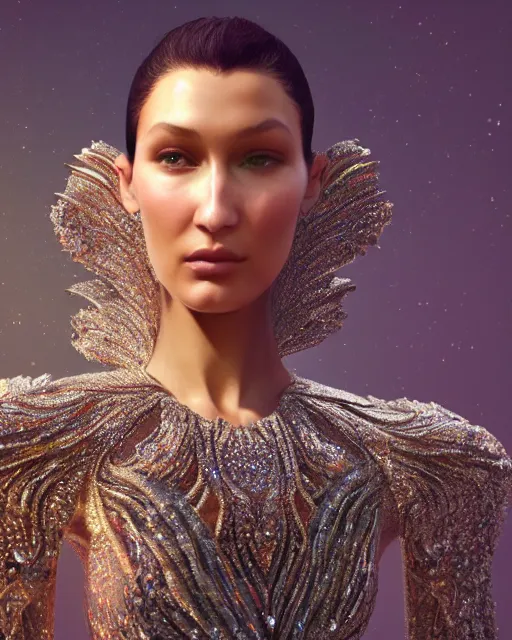 Image similar to a highly detailed metahuman 4 k close up render of a bella hadid in balenciaga monument renaissance in iris van herpen dress schiaparelli in diamonds crystals swarovski and jewelry iridescent in style of alphonse mucha gustav klimt trending on artstation made in unreal engine 4