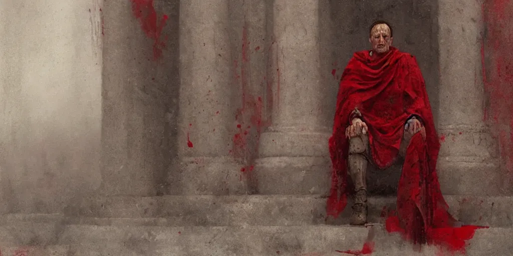 Image similar to the end is near. a tired julius caesar is sitting on his throne. face is highly detailed. splices of red are running down his toga. mist. color scheme red. low angle medium shot. imagined by jeremy lipking