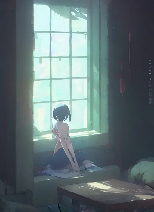 Image similar to interior, near the window, rainy outside, illustration concept art anime key visual trending pixiv fanbox by wlop and greg rutkowski and makoto shinkai and studio ghibli