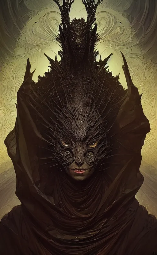 Image similar to Defaced creature wearing a black robe, it's face has been replaced by a fractal singularity of shifting patterns. fantasy, highly detailed, digital painting, artstation, concept art, smooth, sharp focus, illustration, art by artgerm and greg rutkowski and alphonse mucha