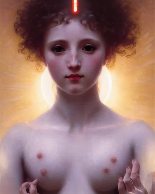 Prompt: beautiful centered fine art portrait of girl with white solarpunk mecha humanoid head parts with led lights, sexy pudica pose gesture, by bouguereau, ultra - realistic and intricate, hdr 8 k