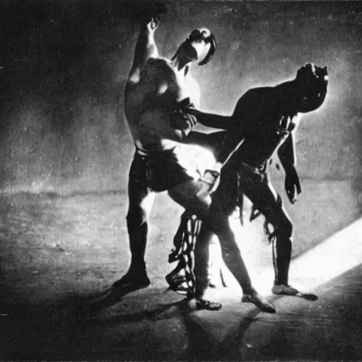 Image similar to photograph of lucha libre, nineteen twenties, avant garde, german expressionist cinema, by fritz lang, dramatic lighting, epic composition