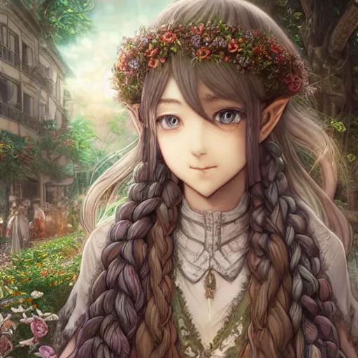 Prompt: happy elven flower seller in the city, intricate braided hair, thin silver half - glasses, short and plump body, manga panel by kosuke kurose, soft lighting, highly detailed face, cozy atmosphere, sharp focus, artstation, secret of mana, sophie anderson, arnold armitage, loish