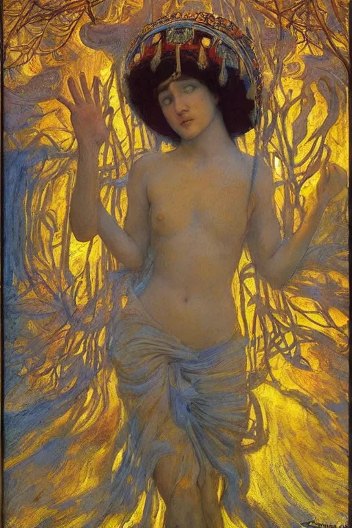 Image similar to queen of summer by Annie Swynnerton and Nicholas Roerich, strong dramatic cinematic lighting , ornate headdress , flowing robes, lost civilizations, smooth, sharp focus, extremely detailed