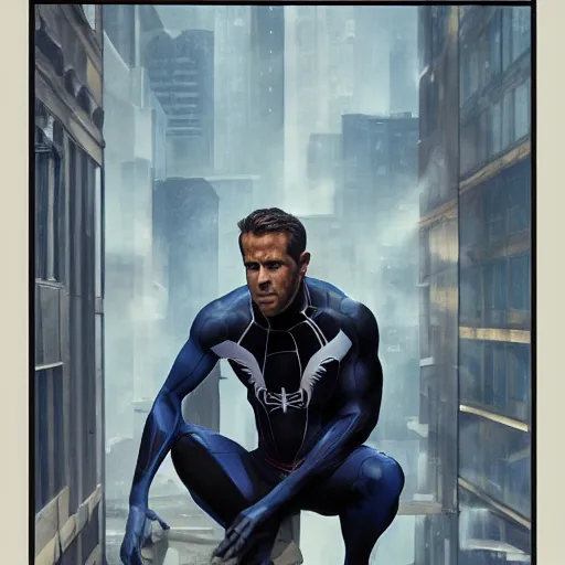 Image similar to ryan reynolds as a black and blue suit spider - man, cinematic, volumetric lighting, f 8 aperture, cinematic eastman 5 3 8 4 film, photorealistic by greg rutkowski, by stanley artgerm, by alphonse mucha