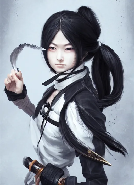 Prompt: a highly detailed illustration of fierce messy ponytail black haired one eyed japanese delinquent woman wearing long white delinquent coat and wearing eyepatch, dramatic wielding paper sword pose, intricate, elegant, highly detailed, centered, digital painting, artstation, concept art, smooth, sharp focus, league of legends concept art, wlop.