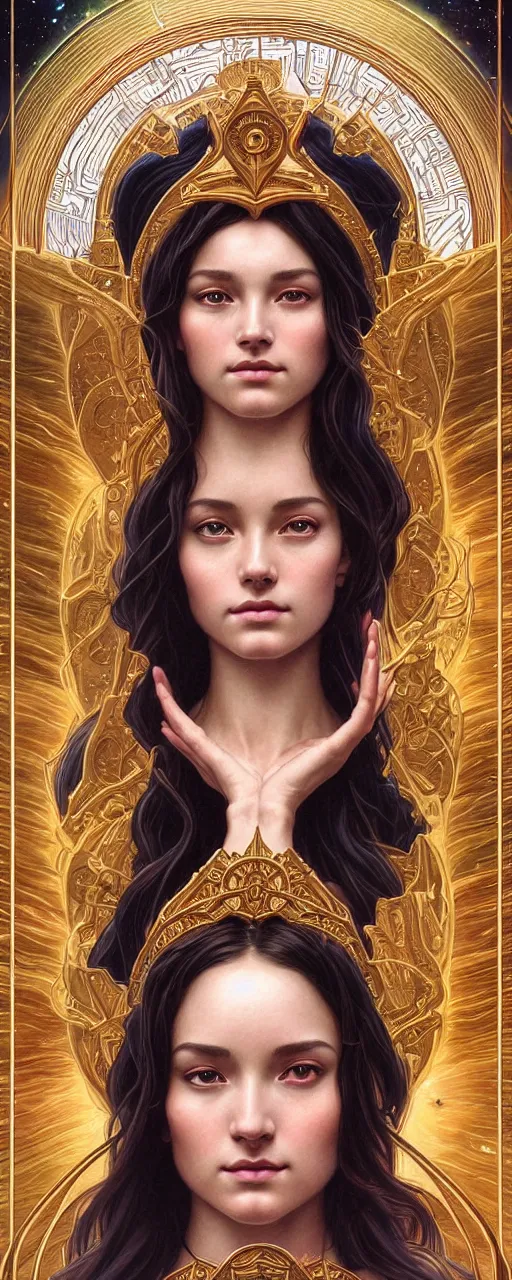 Image similar to perfectly detailed goddess of galaxies portrait judgement tarot card!! blessed by the universe with ever - increasing physical mental perfection, symmetrical! intricate, sensual features, highly detailed, universeral divine perfection!! digital painting, artstation, concept art, smooth, sharp focus, illustration, art by artgerm and greg rutkowski and alphonse mucha