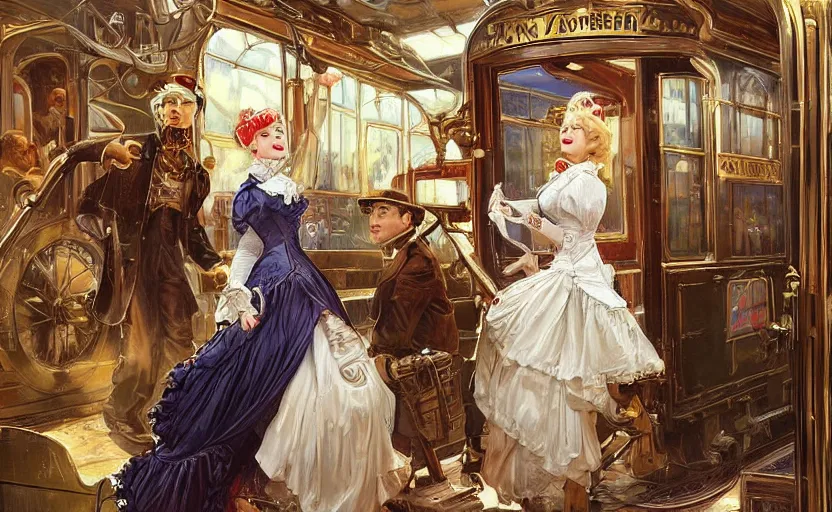 Image similar to A beautiful lady with blonde hair in a steampunk suit with a long skirt leaves the train of the Victorian era, by Konstantin Razumov, horror scene, highly detailded