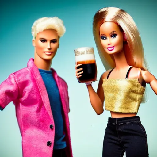 Prompt: a battered Barbie doll standing next to a Ken doll holding a beer, hyper realistic, sharp focus