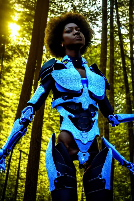 Image similar to hyperrealistic mithra goregous black woman exoskeleton bone armor in a forest sun behind her concept art eric zener elson peter cinematic blue light low angle hd 8k sharp shallow depth of field