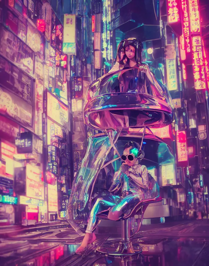 Prompt: hologram transparent beautiful portrait asian geisha girl, wet hair vertical, engine part alien space helmet, suit from motor parts, sitting on pilot seat, inside Tokyo subway alley, neon signs, glass reflections on top, osaka skyline background, low contrat, digital art, octane render, style