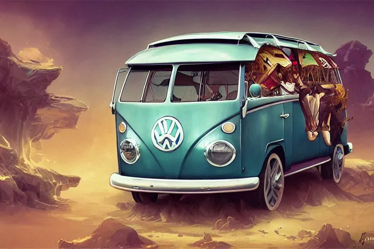 Image similar to VW surf bus, fantasy, elegant, intricate, highly detailed, digital painting, artstation, concept art, sharp focus, illustration, art by artgerm and greg rutkowski and alphonse mucha