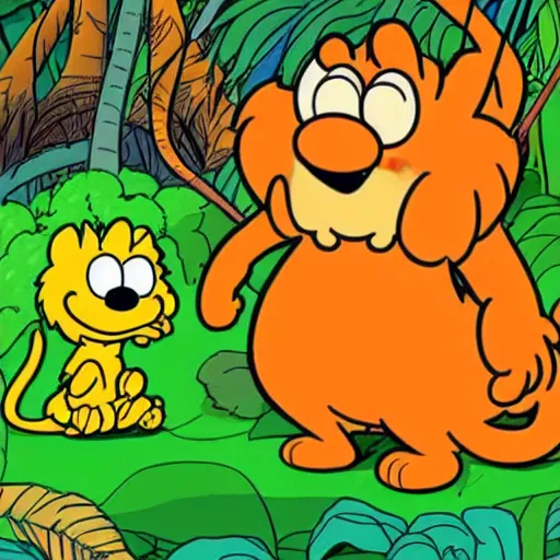 Prompt: Garfield and odie in the jungle, by Jim Davis