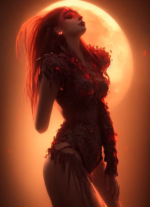 Prompt: beautiful full body portrait vampire queen highly detailed CGsociety subtle enchanting alluring blood magical concept art HDR hyper realistic volumetric lighting subsurface scattering unreal