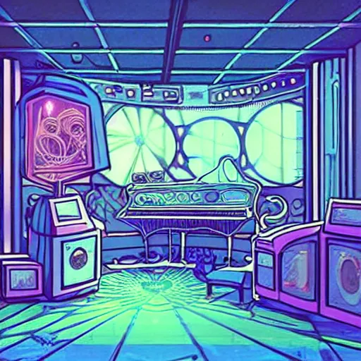 Prompt: discord room dream - 4 7, the experience of chrysalism in a cosy cluttered french sci - fi ( art nouveau ) cyberpunk street in a pastel dreamstate art cinema style. ( terrarium, computer screens, window ( street ), leds, lamp, ( ( ( piano ) ) ) ), ambient light.