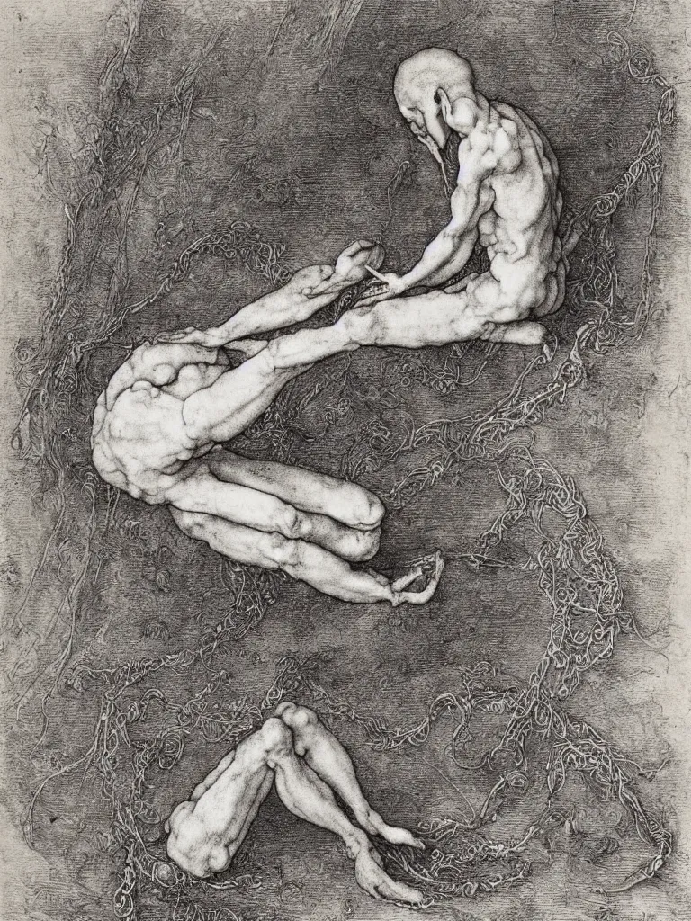 Image similar to A strange elongated boy meditating in a lotus position, upside down on a thread, like a spider. Painting by Albrecht Durer and Gustave Doré, ink on paper