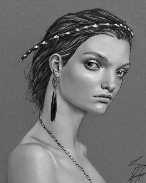 Image similar to realism tattoo sketch of lily donaldson as a beautiful greek goddess aphrodite with piercing eyes wearing a laurel wreath and triangle earrings, in the style of greg rutkowski, amazing detail