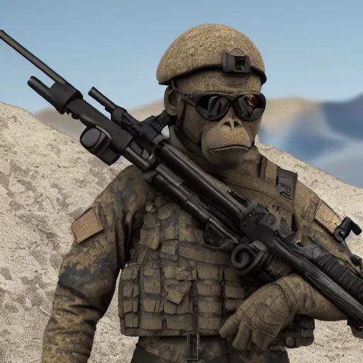 Image similar to monkey navy seals, 4 k, photorealistic, detailed, soldier, posing