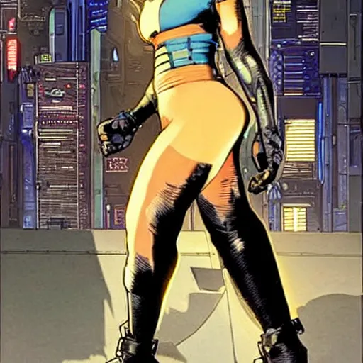 Prompt: Selina Kyle. Apex legends cyberpunk weight lifter. Concept art by James Gurney and Mœbius.